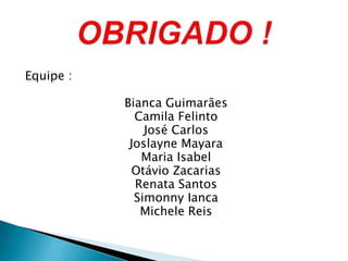 Equipe :
Bianca Guimarães
Camila Felinto
José Carlos
Joslayne Mayara
Maria Isabel
Otávio Zacarias
Renata Santos
Simonny Ianca
Michele Reis
 