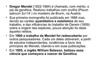 • Gregor Mendel (1822-1884) é chamado, com mérito, o
pai da genética. Realizou trabalhos com ervilha (Pisum
sativum 2x=14 ) no mosteiro de Brunn, na Áustria.
• Sua primeira monografia foi publicada em 1866 mas,
devido ao caráter quantitativo e estatístico de seu
trabalho, e das influências do trabalho de Darwin (1859)
sobre a origem das espécies, pouca atenção foi dada
àqueles relatos.
• Em 1900 o trabalho de Mendel foi redescoberto por
outros pesquisadores. Cada um deles obtiveram, a partir
de estudos independentes, evidências a favor dos
princípios de Mendel, citando-o em suas publicações.
• Em 1905, o inglês William Bateson, batizou essa
ciência que começava a nascer de Genética
 