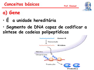 a) Gene
• É a unidade hereditária
Conceitos básicos Prof. Emanuel
• Segmento de DNA capaz de codificar a
síntese de cadeias polipeptídicas
 