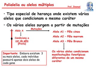 Polialelia ou alelos múltiplos
• Tipo especial de herança onde existem vários
alelos que condicionam o mesmo caráter
• Os vários alelos surgem a partir de mutações
Alelo A
Condiciona a
cor do pêlo
(Preto)
Mutações
Alelo A1 – Pêlo cinza
Alelo A2 – Pêlo marrom
Alelo A3 – Pêlo Branco
Os vários alelos condicionam
manifestações fenotípicas
diferentes de um mesmo
caráter
Importante: Embora existam 3
ou mais alelos, cada indivíduo
possuirá apenas dois alelos de
cada gene
Prof. Emanuel
 