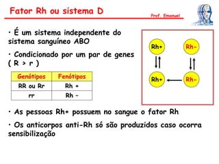 Fator Rh ou sistema D
• É um sistema independente do
sistema sanguíneo ABO
• Condicionado por um par de genes
( R > r )
• As pessoas Rh+ possuem no sangue o fator Rh
• Os anticorpos anti-Rh só são produzidos caso ocorra
sensibilização
Genótipos Fenótipos
RR ou Rr Rh +
rr Rh –
Rh+
Rh+ Rh-
Rh-
Prof. Emanuel
 