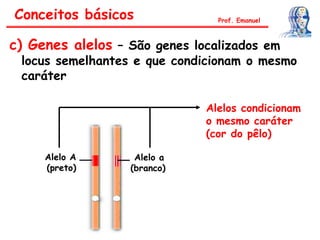 c) Genes alelos – São genes localizados em
locus semelhantes e que condicionam o mesmo
caráter
Prof. Emanuel
Alelo a
(branco)
Alelo A
(preto)
Alelos condicionam
o mesmo caráter
(cor do pêlo)
Conceitos básicos
 