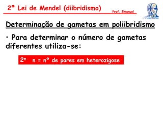 Determinação de gametas em poliibridismo
• Para determinar o número de gametas
diferentes utiliza-se:
2n n = nº de pares em heterozigose
Prof. Emanuel
2ª Lei de Mendel (diibridismo)
 