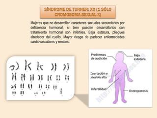 Mujeres que no desarrollan caracteres sexuales secundarios por
deficiencia hormonal, si bien pueden desarrollarlos con
tratamiento hormonal son infértiles. Baja estatura, pliegues
alrededor del cuello. Mayor riesgo de padecer enfermedades
cardiovasculares y renales.

 