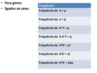 • Para genes
• ligados ao sexo:
Frequência :
Frequência de A = p
Frequência de a = q
Frequência de XA
Y = p
Frequência de A Xa
Y = q
Frequência de XA
XA
= p2
Frequência de Xa
Xa
= q2
Frequência de XA
Xa
= 2pq
 