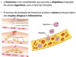 • A histamina é um vasodilatador que permite a diapedese (migração
de células fagocíticas para o local da infecção).
• O excesso de produção de histamina produz o edema (inchaço) típico
das reações alérgicas e inflamatórias
 
