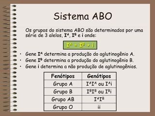Sistema ABO
Os grupos do sistema ABO são determinados por uma
série de 3 alelos, IA, IB e i onde:
• Gene IA determina a produção do aglutinogênio A.
• Gene IB determina a produção do aglutinogênio B.
• Gene i determina a não produção de aglutinogênios.
Fenótipos Genótipos
Grupo A IAIA ou IAi
Grupo B IBIB ou IBi
Grupo AB IAIB
Grupo O ii
IA = IB > i
 
