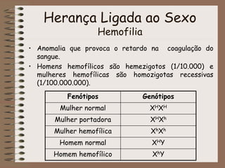 Herança Ligada ao Sexo
Hemofilia
• Anomalia que provoca o retardo na coagulação do
sangue.
• Homens hemofílicos são hemezigotos (1/10.000) e
mulheres hemofílicas são homozigotas recessivas
(1/100.000.000).
Fenótipos Genótipos
Mulher normal XHXH
Mulher portadora XHXh
Mulher hemofílica XhXh
Homem normal XHY
Homem hemofílico XhY
 