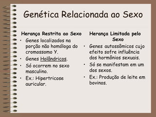 Genética Relacionada ao Sexo
Herança Restrita ao Sexo
• Genes localizados na
porção não homóloga do
cromossomo Y.
• Genes Holândricos.
• Só ocorrem no sexo
masculino.
• Ex.: Hipertricose
auricular.
Herança Limitada pelo
Sexo
• Genes autossômicos cujo
efeito sofre influência
dos hormônios sexuais.
• Só se manifestam em um
dos sexos.
• Ex.: Produção de leite em
bovinos.
 