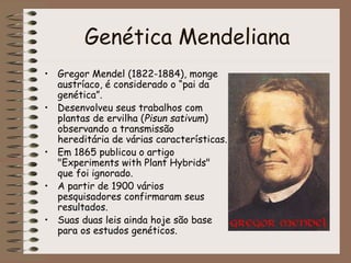 Genética Mendeliana
• Gregor Mendel (1822-1884), monge
austríaco, é considerado o “pai da
genética”.
• Desenvolveu seus trabalhos com
plantas de ervilha (Pisun sativum)
observando a transmissão
hereditária de várias características.
• Em 1865 publicou o artigo
"Experiments with Plant Hybrids"
que foi ignorado.
• A partir de 1900 vários
pesquisadores confirmaram seus
resultados.
• Suas duas leis ainda hoje são base
para os estudos genéticos.
 
