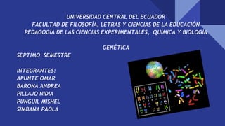 UNIVERSIDAD CENTRAL DEL ECUADOR
FACULTAD DE FILOSOFÍA, LETRAS Y CIENCIAS DE LA EDUCACIÓN
PEDAGOGÍA DE LAS CIENCIAS EXPERIMENTALES, QUÍMICA Y BIOLOGÍA
GENÉTICA
SÉPTIMO SEMESTRE
INTEGRANTES:
APUNTE OMAR
BARONA ANDREA
PILLAJO NIDIA
PUNGUIL MISHEL
SIMBAÑA PAOLA
 