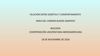 RELACIÓN ENTRE GENÉTICA Y COMPORTAMIENTO
ERIKA DEL CARMEN BUEDÍA SAMPAYO
BIOLOGÍA
COORPORACIÓN UNIVERSITARIA IBEROAMERICANA
18 DE NOVIEMBRE DE 2018
 