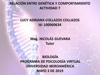 RELACIÓN ENTRE GENÉTICA Y COMPORTAMIENTO
ACTIVIDAD 7
LUCY ADRIANA COLLAZOS COLLAZOS
Id: 100060634
Mag. NICOLÁS GUEVARA
Tutor
BIOLOGÍA
PROGRAMA DE PSICOLOGÍA VIRTUAL
UNIVERSIDAD IBEROAMÉRICA
MAYO 3 DE 2019
 