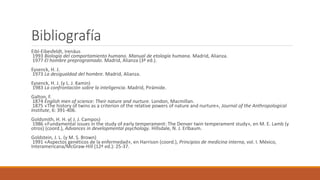 Bibliografía
Eibl-Eibesfeldt, Irenäus
1993 Biología del comportamiento humano. Manual de etología humana. Madrid, Alianza.
1977 El hombre preprogramado. Madrid, Alianza (3ª ed.).
Eysenck, H. J.
1973 La desigualdad del hombre. Madrid, Alianza.
Eysenck, H. J. (y L. J. Kamin)
1983 La confrontación sobre la inteligencia. Madrid, Pirámide.
Galton, F.
1874 English men of science: Their nature and nurture. London, Macmillan.
1875 «The history of twins as a criterion of the relative powers of nature and nurture», Journal of the Anthropological
Institute, 6: 391-406.
Goldsmith, H. H. y( J. J. Campos)
1986 «Fundamental issues in the study of early temperament: The Denver twin temperament study», en M. E. Lamb (y
otros) (coord.), Advances in developmental psychology. Hillsdale, N. J. Erlbaum.
Goldstein, J. L. (y M. S. Brown)
1991 «Aspectos genéticos de la enfermedad», en Harrison (coord.), Principios de medicina interna, vol. I. México,
Interamericana/McGraw-Hill (12ª ed.): 25-37.
 