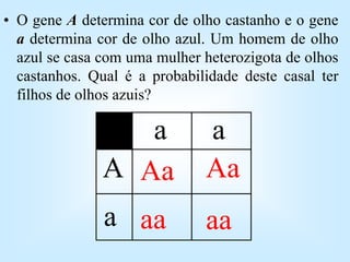 • O gene A determina cor de olho castanho e o gene
a determina cor de olho azul. Um homem de olho
azul se casa com uma mulher heterozigota de olhos
castanhos. Qual é a probabilidade deste casal ter
filhos de olhos azuis?
A
a a
a
Aa Aa
aa aa
 
