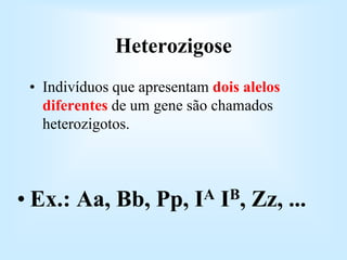 Heterozigose
• Indivíduos que apresentam dois alelos
diferentes de um gene são chamados
heterozigotos.
• Ex.: Aa, Bb, Pp, IA IB, Zz, ...
 