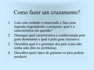 Como fazer um cruzamento?
1. Leia com cuidado o enunciado e faça uma
legenda respondendo a pergunta: qual é a
característica em questão?
2. Destaque qual característica é condicionada pelo
gene dominante e qual é pelo gene recessivo.
3. Descubra qual é o genótipo dos pais (caso não
tenha sido dito no problema).
4. Descubra quais tipos de gametas os pais podem
produzir.
 