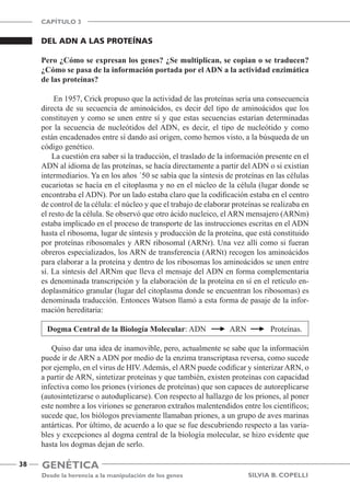 Genética
Desde la herencia a la manipulación de los genes
CAPÍTULO 3
38
Silvia B. Copelli
Del ADN a las Proteínas
Pero ¿Cómo se expresan los genes? ¿Se multiplican, se copian o se traducen?
¿Cómo se pasa de la información portada por el ADN a la actividad enzimática
de las proteínas?
En 1957, Crick propuso que la actividad de las proteínas sería una consecuencia
directa de su secuencia de aminoácidos, es decir del tipo de aminoácidos que los
constituyen y como se unen entre sí y que estas secuencias estarían determinadas
por la secuencia de nucleótidos del ADN, es decir, el tipo de nucleótido y como
están encadenados entre sí dando así origen, como hemos visto, a la búsqueda de un
código genético.
La cuestión era saber si la traducción, el traslado de la información presente en el
ADN al idioma de las proteínas, se hacía directamente a partir del ADN o si existían
intermediarios. Ya en los años ´50 se sabía que la síntesis de proteínas en las células
eucariotas se hacía en el citoplasma y no en el núcleo de la célula (lugar donde se
encontraba el ADN). Por un lado estaba claro que la codificación estaba en el centro
de control de la célula: el núcleo y que el trabajo de elaborar proteínas se realizaba en
el resto de la célula. Se observó que otro ácido nucleico, el ARN mensajero (ARNm)
estaba implicado en el proceso de transporte de las instrucciones escritas en el ADN
hasta el ribosoma, lugar de síntesis y producción de la proteína, que está constituido
por proteínas ribosomales y ARN ribosomal (ARNr). Una vez allí como si fueran
obreros especializados, los ARN de transferencia (ARNt) recogen los aminoácidos
para elaborar a la proteína y dentro de los ribosomas los aminoácidos se unen entre
sí. La síntesis del ARNm que lleva el mensaje del ADN en forma complementaria
es denominada transcripción y la elaboración de la proteína en sí en el retículo en-
doplasmático granular (lugar del citoplasma donde se encuentran los ribosomas) es
denominada traducción. Entonces Watson llamó a esta forma de pasaje de la infor-
mación hereditaria:
Dogma Central de la Biología Molecular: ADN ARN Proteínas.
Quiso dar una idea de inamovible, pero, actualmente se sabe que la información
puede ir de ARN a ADN por medio de la enzima transcriptasa reversa, como sucede
por ejemplo, en el virus de HIV.Además, elARN puede codificar y sinterizarARN, o
a partir de ARN, sintetizar proteínas y que también, existen proteínas con capacidad
infectiva como los priones (viriones de proteínas) que son capaces de autoreplicarse
(autosintetizarse o autoduplicarse). Con respecto al hallazgo de los priones, al poner
este nombre a los viriones se generaron extraños malentendidos entre los científicos;
sucede que, los biólogos previamente llamaban priones, a un grupo de aves marinas
antárticas. Por último, de acuerdo a lo que se fue descubriendo respecto a las varia-
bles y excepciones al dogma central de la biología molecular, se hizo evidente que
hasta los dogmas dejan de serlo.
 