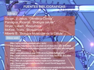 http://www.molbio.uoregon.edu/~pvh/ http://www.nature.com/nrc/journal/v3/n7/box/nrc1120_BX3.html http://www.nature.com/nature/journal/v429/n6993/fig_tab/nature02585_F1.html http://www.bioscience.org/1999/v4/d/tsurimot/fulltext.htm http://www.nature.com/nrc/journal/v3/n7/box/nrc1120_BX3.html http://www.biochem.wustl.edu/~burgersw3/ http://fbio.uh.cu/genmol2/temas/replicacion.htm#general http://books.google.com/books?id=-xIx6G7bIv4C&pg=RA5-PA161&lpg=RA5-PA161&dq=replicacion+mitocondrial&source=web&ots=OpVTklSXBl&sig=dNgzS2srtnhPb0a9cfD0rfKUeFY#PRA5-PA160,M1 FUENTES BIBLIOGRAFICAS: Guizar, J. Jesus. “Genética Clínica”.  Paniagua, Ricardo. “Biología celular”. Stryer, Lubert. “Bioquímica”. McKee, Trudy. “Bioquímica”. Alberts B. “Biología Molecular de la Célula” Sitios web: Libros: 
