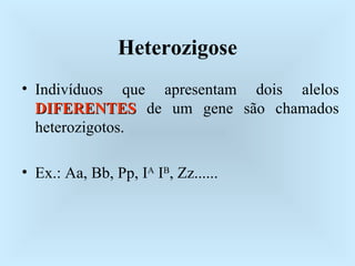 Heterozigose Indivíduos que apresentam dois alelos  DIFERENTES  de um gene são chamados heterozigotos. Ex.: Aa, Bb, Pp, I A  I B , Zz...... 