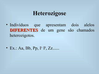 Heterozigose
• Indivíduos que apresentam dois alelos
DIFERENTESDIFERENTES de um gene são chamados
heterozigotos.
• Ex.: Aa, Bb, Pp, IA
IB
, Zz......
 