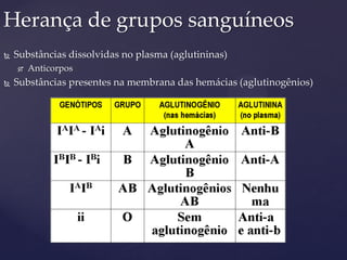 Herança de grupos sanguíneos
 Substâncias dissolvidas no plasma (aglutininas)
 Anticorpos
 Substâncias presentes na membrana das hemácias (aglutinogênios)
 