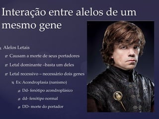  Alelos Letais
 Causam a morte de seus portadores
 Letal dominante –basta um deles
 Letal recessivo – necessário dois genes
 Ex: Acondroplasia (nanismo)
 Dd- fenótipo acondroplásico
 dd- fenótipo normal
 DD- morte do portador
Interação entre alelos de um
mesmo gene
 