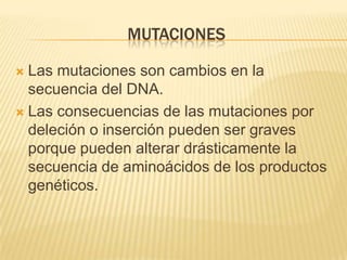 mutacionesLas mutaciones son cambios en la secuencia del DNA.Las consecuencias de las mutaciones por deleción o inserción pueden ser graves porque pueden alterar drásticamente la secuencia de aminoácidos de los productos genéticos.