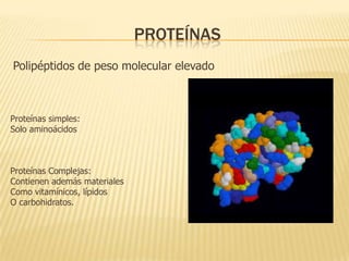 proteínasPolipéptidos de peso molecular elevadoProteínas simples:Solo aminoácidosProteínas Complejas:Contienen además materialesComo vitamínicos, lípidosO carbohidratos.