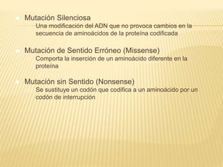 ● Mutación Silenciosa
o Una modificación del ADN que no provoca cambios en la
secuencia de aminoácidos de la proteína codificada
● Mutación de Sentido Erróneo (Missense)
o Comporta la inserción de un aminoácido diferente en la
proteína
● Mutación sin Sentido (Nonsense)
o Se sustituye un codón que codifica a un aminoácido por un
codón de interrupción
 