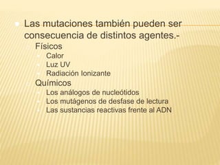 ● Las mutaciones también pueden ser
consecuencia de distintos agentes.-
o Físicos
 Calor
 Luz UV
 Radiación Ionizante
o Químicos
 Los análogos de nucleótidos
 Los mutágenos de desfase de lectura
 Las sustancias reactivas frente al ADN
 