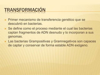 TRANSFORMACIÓN
 Primer mecanismo de transferencia genético que se
descubrió en bacterias.
 Se define como el proceso mediante el cual las bacterias
captan fragmentos de ADN desnudo y lo incorporan a sus
genomas.
 Las bacterias Grampositivas y Gramnegativos son capaces
de captar y conservar de forma estable ADN exógeno.
 
