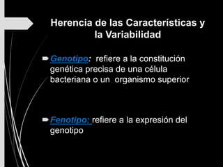 Herencia de las Características y
la Variabilidad
Genotipo: refiere a la constitución
genética precisa de una célula
bacteriana o un organismo superior
Fenotipo: refiere a la expresión del
genotipo
 