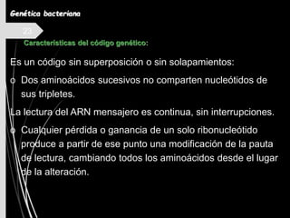 23
Es un código sin superposición o sin solapamientos:
o Dos aminoácidos sucesivos no comparten nucleótidos de
sus tripletes.
La lectura del ARN mensajero es continua, sin interrupciones.
o Cualquier pérdida o ganancia de un solo ribonucleótido
produce a partir de ese punto una modificación de la pauta
de lectura, cambiando todos los aminoácidos desde el lugar
de la alteración.
Características del código genético:
Genética bacteriana
 