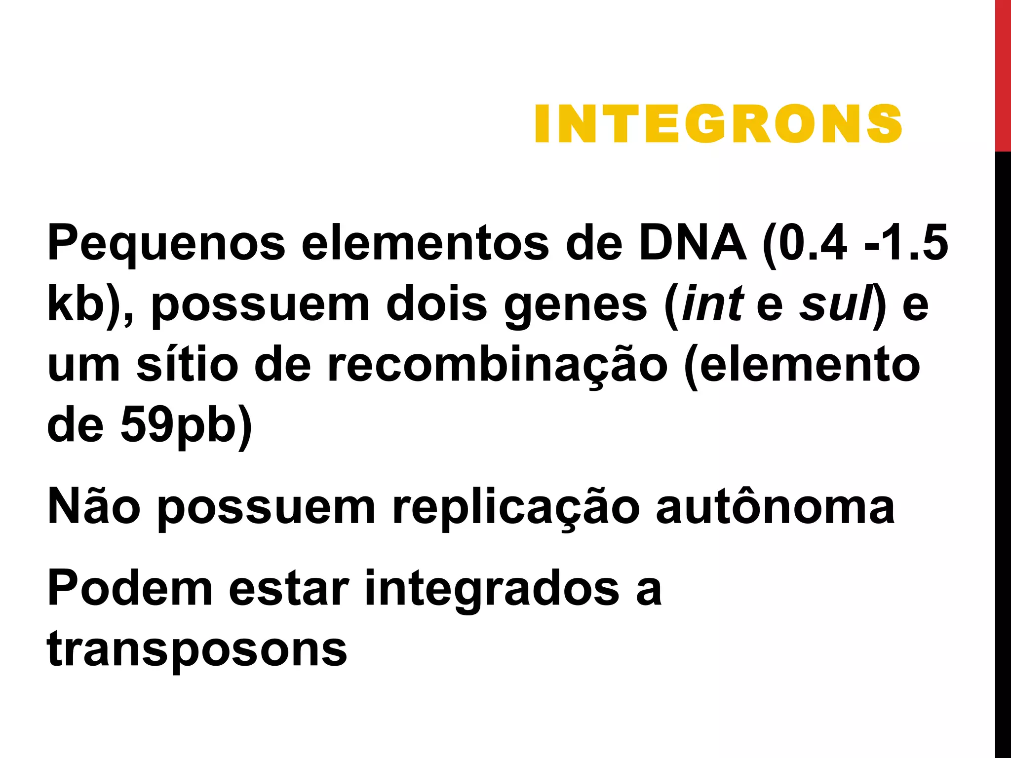 INTEGRONS
Pequenos elementos de DNA (0.4 -1.5
kb), possuem dois genes (int e sul) e
um sítio de recombinação (elemento
de 59pb)
Não possuem replicação autônoma
Podem estar integrados a
transposons
