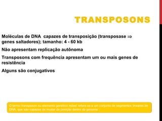 TRANSPOSONS
Moléculas de DNA capazes de transposição (transposase ⇒
genes saltadores); tamanho: 4 - 60 kb
Não apresentam replicação autônoma
Transposons com frequência apresentam um ou mais genes de
resistência
Alguns são conjugativos

 