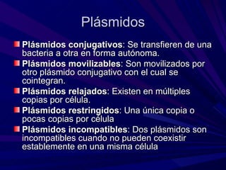 Plásmidos
Plásmidos conjugativos: Se transfieren de una
bacteria a otra en forma autónoma.
Plásmidos movilizables: Son movilizados por
otro plásmido conjugativo con el cual se
cointegran.
Plásmidos relajados: Existen en múltiples
copias por célula.
Plásmidos restringidos: Una única copia o
pocas copias por célula
Plásmidos incompatibles: Dos plásmidos son
incompatibles cuando no pueden coexistir
establemente en una misma célula
 