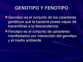 GENOTIPO Y FENOTIPO
Genotipo es el conjunto de los caracteres
genéticos que la bacteria posee capaz de
transmitirse a la descendencia.
Fenotipo es el conjunto de caracteres
manifestados por interacción del genotipo
y el medio ambiente
 