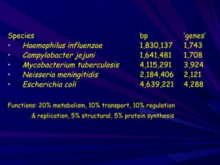 Species                                     bp              ‘genes’
•  Haemophilus influenzae                   1,830,137       1,743
•  Campylobacter jejuni                     1,641,481       1,708
•  Mycobacterium tuberculosis               4,115,291       3,924
•  Neisseria meningitidis                   2,184,406       2,121
•  Escherichia coli                         4,639,221       4,288

Functions: 20% metabolism, 10% transport, 10% regulation
       & replication, 5% structural, 5% protein synthesis
 