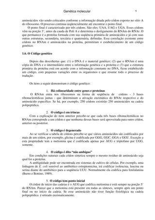 Genética molecular 9
aminoácidos vão sendo colocados conforme a informação ditada pelo códon exposto no sítio A
do ribossomo. O processo continua seqüencialmente até encontrar o ponto final.
O ponto final é caracterizado por três códons. São eles: UAA, UAG e UGA. Esses códons
vêm na porção 3’, antes da cauda de Poli A e determina o desligamento do RNAm do RNAr. O
que permanece é a proteína formada com sua seqüência primária de aminoácidos e já com suas
outras estruturas, secundária, terciária e quaternária, definidas. Essa correlação existente entre
códons no RNAm e aminoácidos na proteína, permitiram o estabelecimento de um código
genético.
1.6. O Código genético
Depois das descobertas que: (1) o DNA é o material genético; (2) que o RNAm é uma
cópia do DNA e o intermediário entre a informação genética e a proteína e (3) que a estrutura
primária da proteína está em acordo com a informação constante no DNA, ficou estabelecido
um código, com pequenas variações entre os organismos e que resume todo o processo de
tradução.
Os itens a seguir demonstram o código genético:
1. Há colinearidade entre genes e proteínas
O RNAm entra nos ribossomos na forma de seqüência de códons - 3 bases
ribonucleotídicas juntas - que determinam a ativação enzimática do RNAt respectivo e do
aminoácido específico. Se há, por exemplo, 250 códons existirão 250 aminoácidos na cadeia
polipeptídica.
2. O código é em trincas
Com a explicação do item anterior percebe-se que cada três bases ribonucleotídicas no
RNAm corresponde a um códon e que nenhuma dessas bases será aproveitada para outro códon,
anterior ou posterior.
3. O código é degenerado
Ao se verificar a tabela de códons percebe-se que vários aminoácidos são codificados por
mais de um códon, por exemplo, glicina é codificada por GGG, GGC, GGA e GGU. Exceção a
esta propriedade tem a metionina que é codificada apenas por AUG e triptofano por UGG,
somente.
4. O código é dito “não ambíguo”
Em condições naturais cada códon sintetiza sempre o mesmo resíduo de aminoácido seja
qual for a proteína.
A ambigüidade pode ser encontrada em sistemas de cultivo de células. Por exemplo, uma
linhagem de E. coli sensível ao antibiótico estreptomicina, irá codificar isoleucina, leucina ou
serina diante do antibiótico para a seqüência UUU. Normalmente ela codifica para fenilalanina
(Burns e Bottino, 1989).
5. O código tem ponto inicial
O códon de início das cadeias é o AUG que codifica metionina e está sempre na porção 5’
do RNAm. Parece que a metionina está presente em todas as sínteses, sempre após um ponto
final ou no início da cadeia. Se esse aminoácido não tiver função fisiológica na cadeia
polipeptídica é retirado enzimaticamente.
 