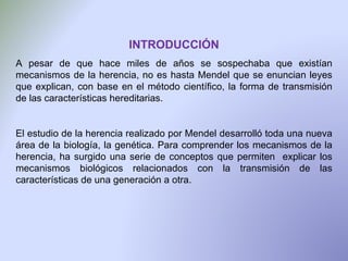 INTRODUCCIÓN A pesar de que hace miles de años se sospechaba que existían mecanismos de la herencia, no es hasta Mendel que se enuncian leyes que explican, con base en el método científico, la forma de transmisión de las características hereditarias. El estudio de la herencia realizado por Mendel desarrolló toda una nueva área de la biología, la genética. Para comprender los mecanismos de la herencia, ha surgido una serie de conceptos que permiten  explicar los mecanismos biológicos relacionados con la transmisión de las características de una generación a otra. 