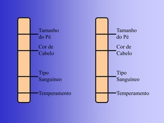 Tamanho
do Pé
Cor de
Cabelo
Tipo
Sanguíneo
Temperamento
Tamanho
do Pé
Cor de
Cabelo
Tipo
Sanguíneo
Temperamento
 