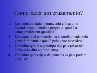 Como fazer um cruzamento?
1. Leia com cuidado o enunciado e faça uma
legenda respondendo a pergunta: qual é a
característica em questão?
2. Destaque qual característica é condicionada pelo
gene dominante e qual é pelo gene recessivo.
3. Descubra qual é o genótipo dos pais (caso não
tenha sido dito no problema).
4. Descubra quais tipos de gametas os pais podem
produzir.
 
