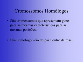 Cromossomos Homólogos
• São cromossomos que apresentam genes
para as mesmas características para as
mesmas posições.
• Um homólogo veio do pai e outro da mãe.
 
