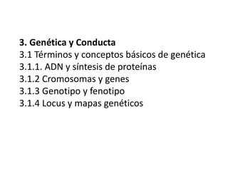 3. Genética y Conducta
3.1 Términos y conceptos básicos de genética
3.1.1. ADN y síntesis de proteínas
3.1.2 Cromosomas y genes
3.1.3 Genotipo y fenotipo
3.1.4 Locus y mapas genéticos

 