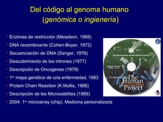 Del código al genoma humano
(genómica o ingienería)
• Enzimas de restricción (Meselson, 1968)
• DNA recombinante (Cohen-Boyer, 1972)
• Secuenciación de DNA (Sanger, 1976)
• Descubrimiento de los intrones (1977)
• Descripción de Oncogenes (1979)
• 1er
mapa genético de una enfermedad, 1983
• Protein Chain Reaction (K.Mullis, 1986)
• Descripción de los Microsatélites (1989)
• 2004: 1er
microarray (chip). Medicina personalizada
 