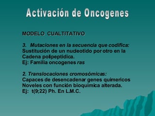 Activación de Oncogenes MODELO  CUALTITATIVO Mutaciones en la secuencia que codifica: Sustitución de un nucleotido por otro en la Cadena polipeptidica. Ej: Familia oncogenes  ras 2. Translocaciones cromosómicas: Capaces de desencadenar genes quimericos Noveles con función bioquimica alterada. Ej:  t(9;22) Ph. En L.M.C. 