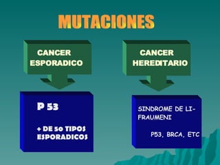 CANCER CANCER ESPORADICO   HEREDITARIO MUTACIONES SINDROME DE LI- FRAUMENI P53, BRCA, ETC P 53 + DE 50 TIPOS ESPORADICOS 