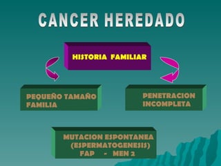 CANCER HEREDADO HISTORIA  FAMILIAR PEQUEÑO TAMAÑO FAMILIA PENETRACION INCOMPLETA MUTACION ESPONTANEA (ESPERMATOGENESIS) FAP  -  MEN 2 