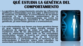 QUÉ ESTUDIA LA GENÉTICA DEL
COMPORTAMIENTO
• La genética del comportamiento estudia las influencias
genéticas y ambientales que dan lugar a diferencias en
la conducta; en definitiva, el conocimiento de las bases
genéticas (y las influencias ambientales) de la
conducta normal y la psicopatología, así como los
trastornos psicológicos asociados a las alteraciones
genéticas, ya sean estas génicas o cromosómicas.
• Las enfermedades que tienen una base genética tienen
un gran impacto en la salud, porque aunque la
frecuencia de algunas de estas sea muy baja, la
incidencia total de las alteraciones genéticas en la
salud es importante, sobre todo en las sociedades
occidentales, donde la muerte por causa ambiental
(desnutrición, infecciones, etc.) se ha reducido
enormemente. La participación de la herencia en las
enfermedades y muertes, sobre todo infantiles, ha
aumentado sensiblemente en los últimos cien años.
 